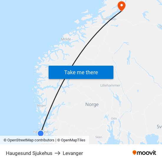 Haugesund Sjukehus to Levanger map
