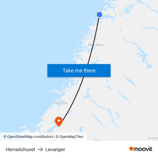 Herredshuset to Levanger map