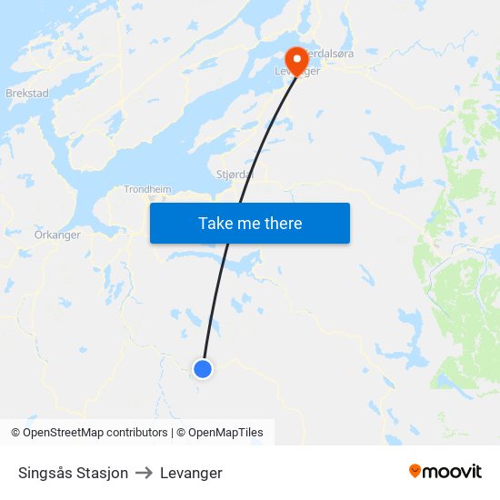 Singsås Stasjon to Levanger map