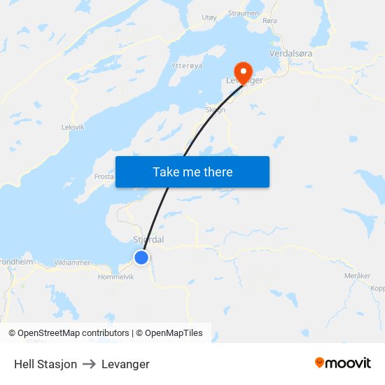 Hell Stasjon to Levanger map