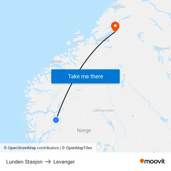 Lunden Stasjon to Levanger map