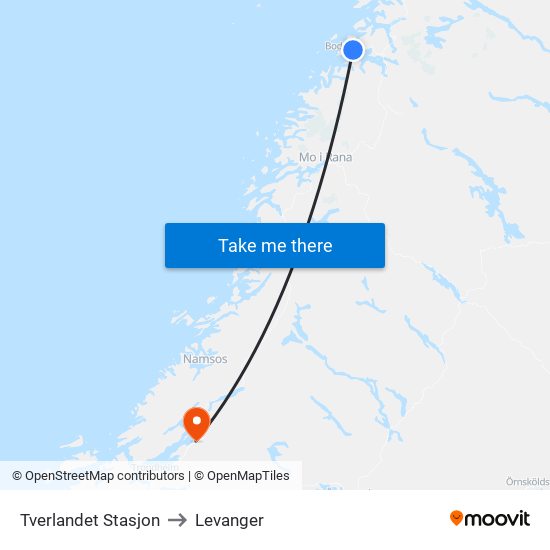 Tverlandet Stasjon to Levanger map