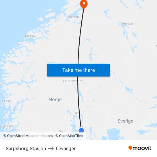 Sarpsborg Stasjon to Levanger map