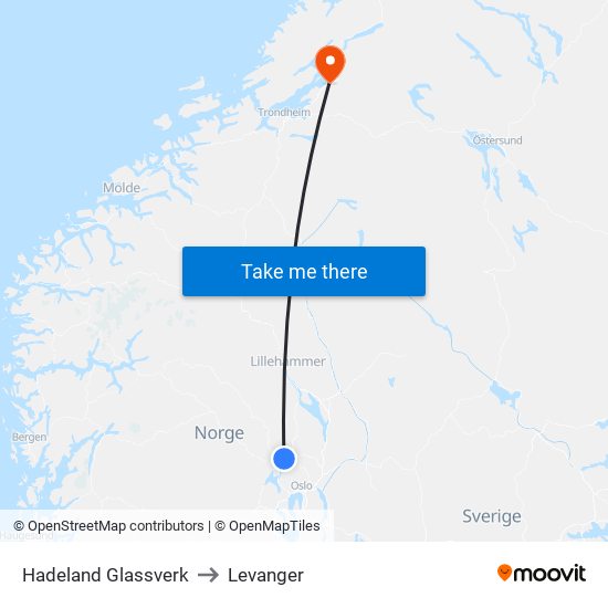 Hadeland Glassverk to Levanger map