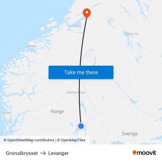 Grorudkrysset to Levanger map