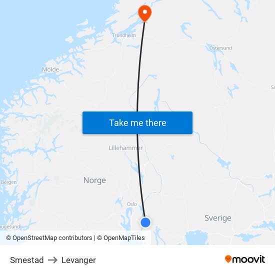 Smestad to Levanger map