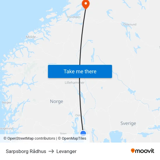 Sarpsborg Rådhus to Levanger map