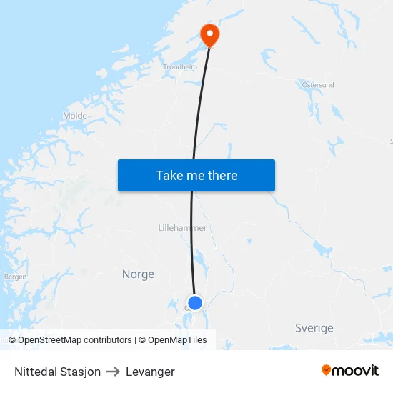 Nittedal Stasjon to Levanger map