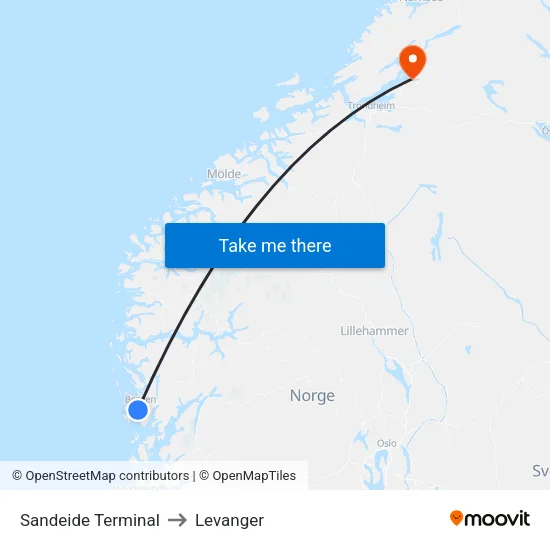Sandeide Terminal to Levanger map