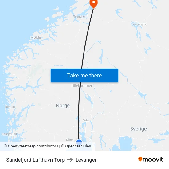 Sandefjord Lufthavn Torp to Levanger map