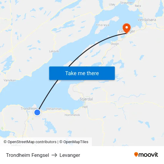 Trondheim Fengsel to Levanger map