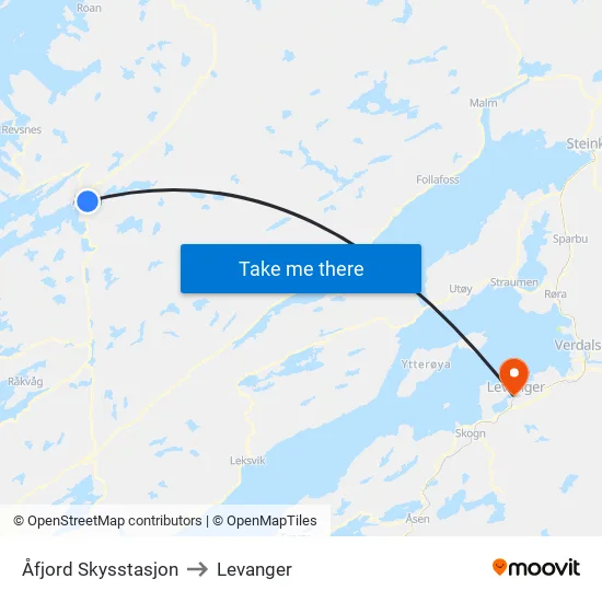 Åfjord Skysstasjon to Levanger map