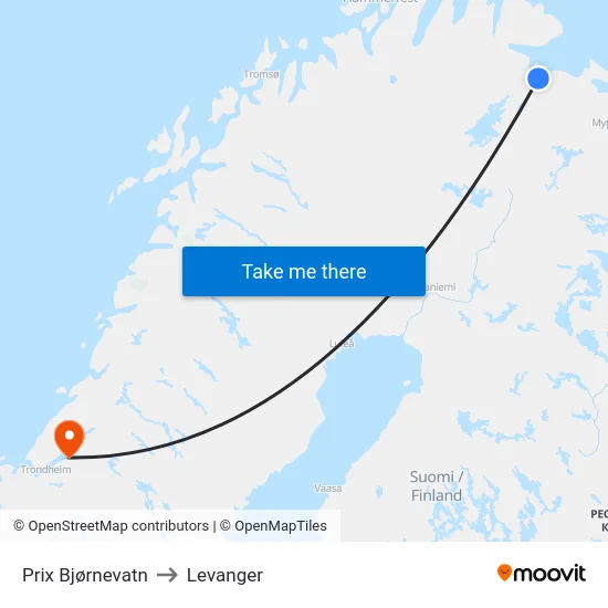 Prix Bjørnevatn to Levanger map