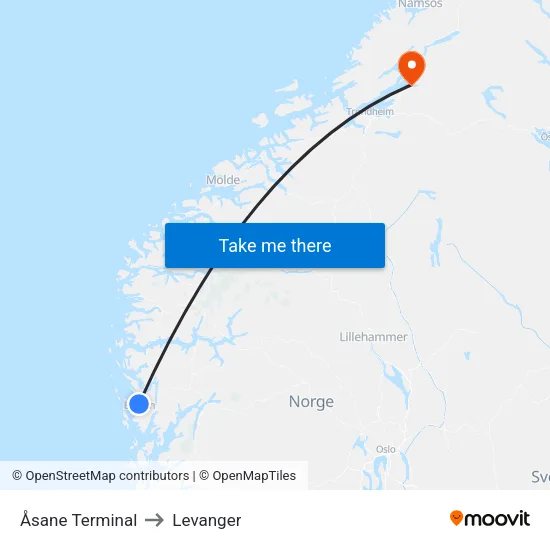 Åsane Terminal to Levanger map