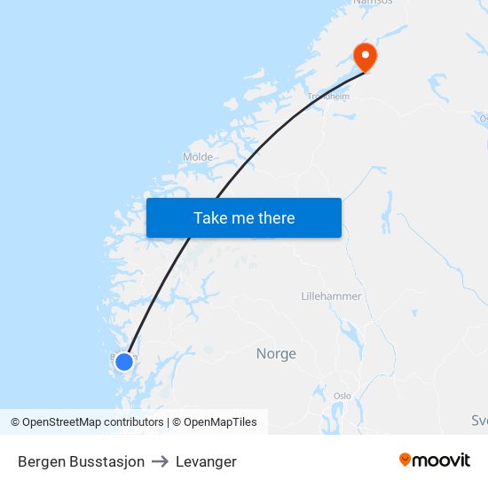 Bergen Busstasjon to Levanger map