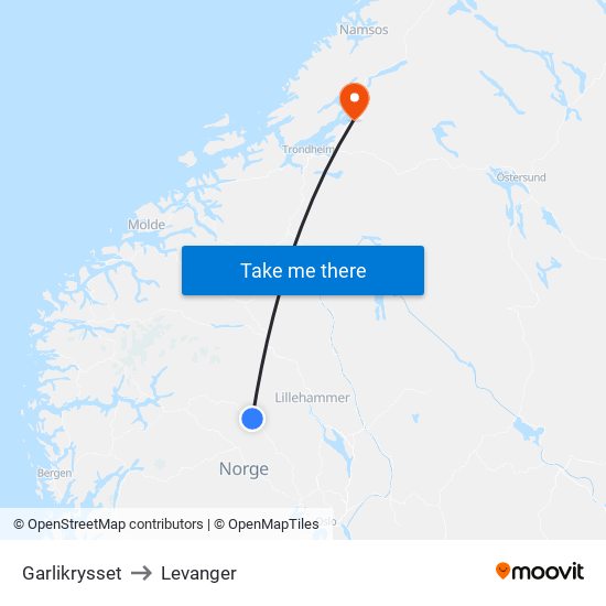 Garlikrysset to Levanger map