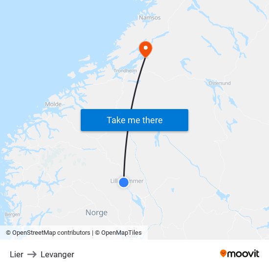 Lier to Levanger map