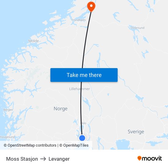 Moss Stasjon to Levanger map