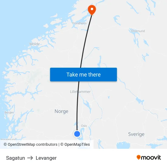 Sagatun to Levanger map