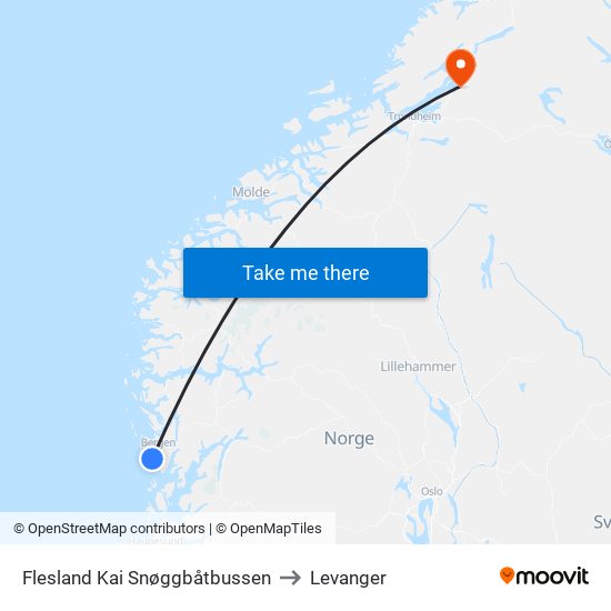 Flesland Kai Snøggbåtbussen to Levanger map