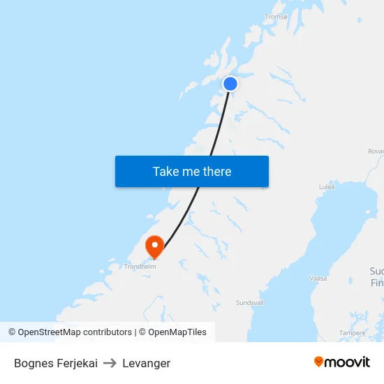 Bognes Ferjekai to Levanger map