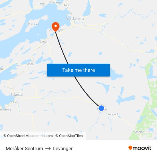 Meråker Sentrum to Levanger map