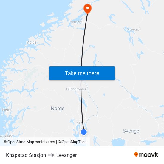 Knapstad Stasjon to Levanger map