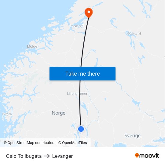 Oslo Tollbugata to Levanger map