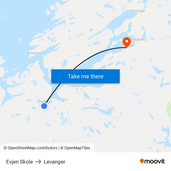 Evjen Skole to Levanger map