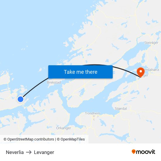 Neverlia to Levanger map