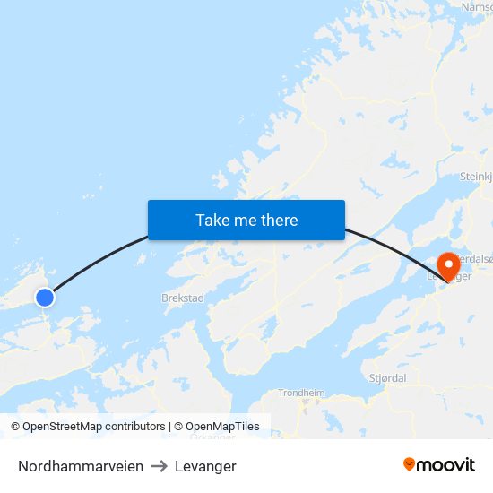 Nordhammarveien to Levanger map