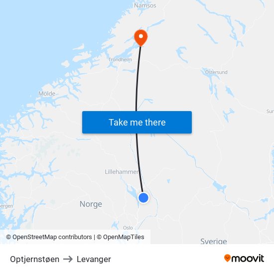 Optjernstøen to Levanger map