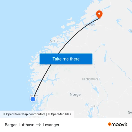 Bergen Lufthavn to Levanger map
