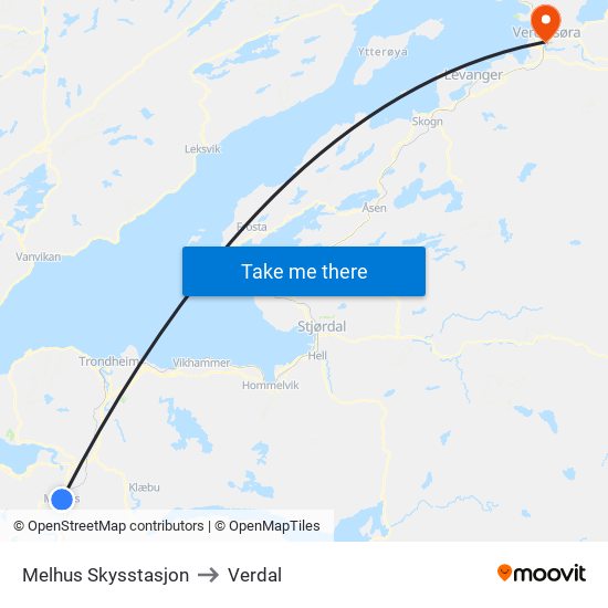 Melhus Skysstasjon to Verdal map