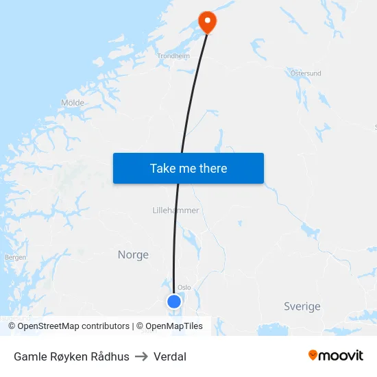 Gamle Røyken Rådhus to Verdal map