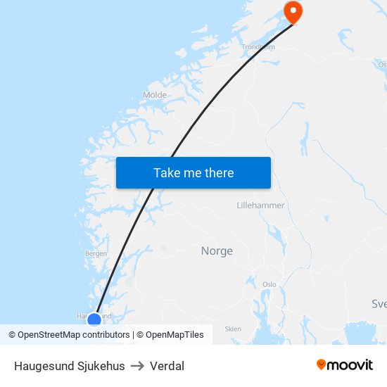 Haugesund Sjukehus to Verdal map