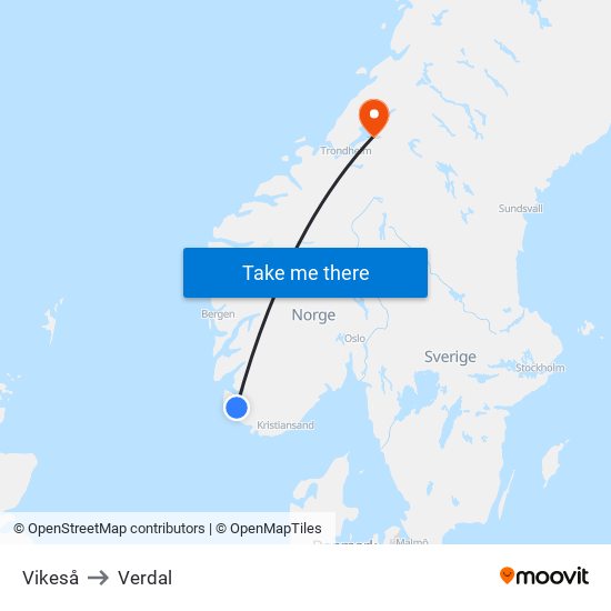 Vikeså to Verdal map