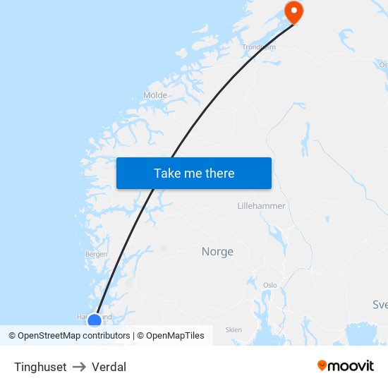 Tinghuset to Verdal map