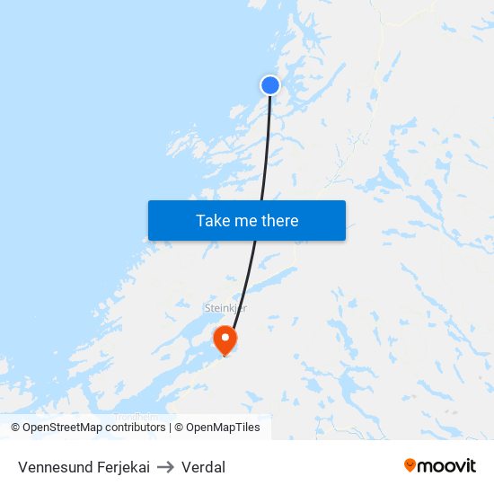 Vennesund Ferjekai to Verdal map