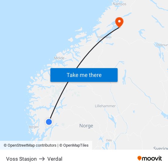 Voss Stasjon to Verdal map