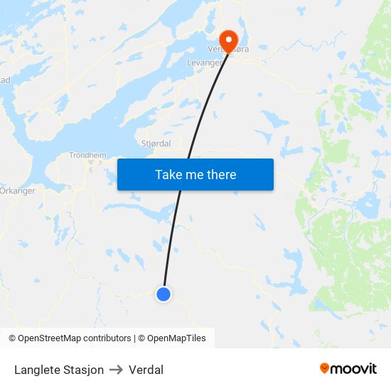 Langlete Stasjon to Verdal map