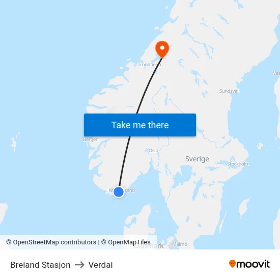 Breland Stasjon to Verdal map