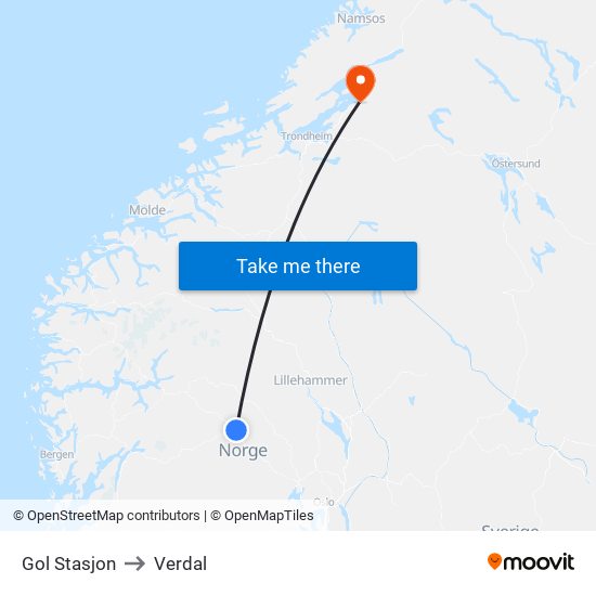 Gol Stasjon to Verdal map