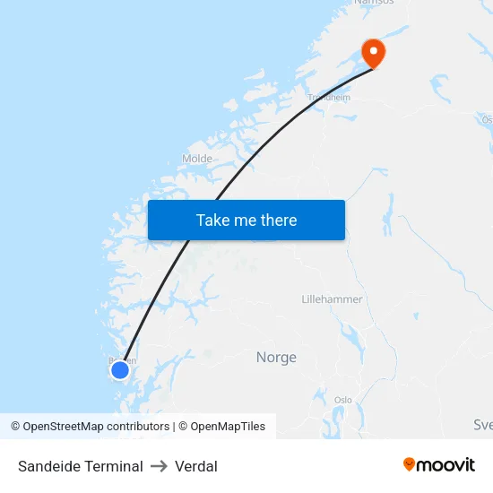 Sandeide Terminal to Verdal map