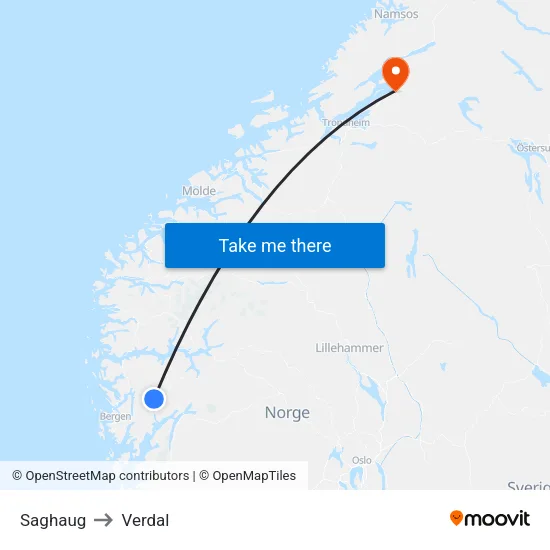 Saghaug to Verdal map