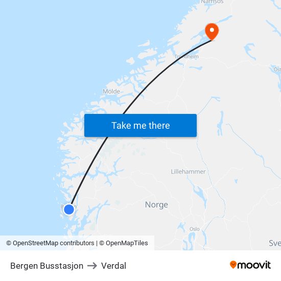 Bergen Busstasjon to Verdal map