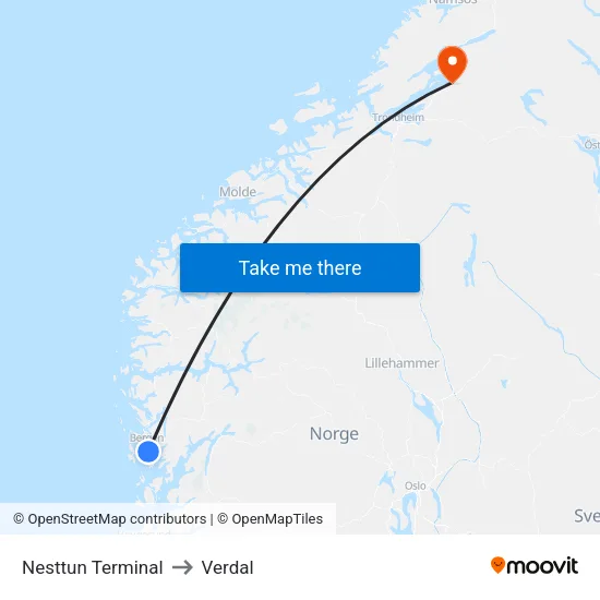 Nesttun Terminal to Verdal map