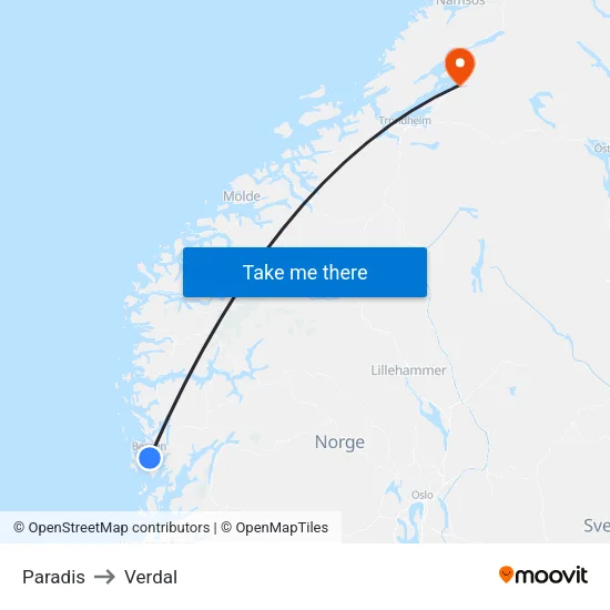 Paradis to Verdal map