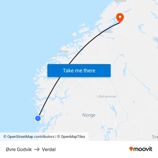 Øvre Godvik to Verdal map