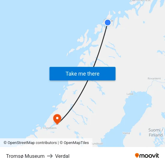 Tromsø Museum to Verdal map